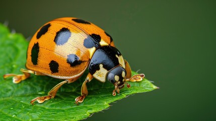 Fototapeta premium A close-up of a ladybug on a green leaf showcasing the contrast of colors and patterns