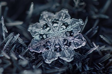 A detailed view of a snowflake on a dark surface showcasing its unique geometric pattern