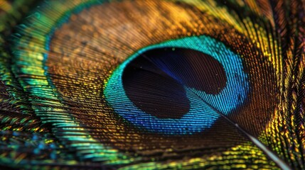 Obraz premium A macro photograph of a peacock feathers eye displaying its complex beauty and design
