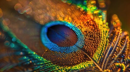 A macro photograph of a peacock feathers eye displaying its complex beauty and design