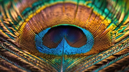 Naklejka premium A macro photograph of a peacock feathers eye displaying its complex beauty and design