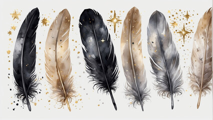 Elegant bird feathers, crow feathers watercolor illustration - obrazy, fototapety, plakaty