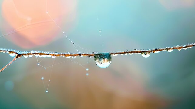 A macro shot of a dewdrop on a spider silk thread balancing delicately in the morning light