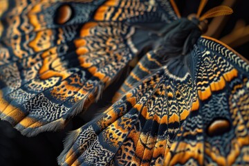 The intricate design of a moths wings resembling fine lacework