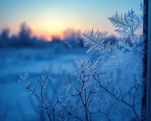 The intricate patterns of frost on a windowpane captured in the blue light of dawn