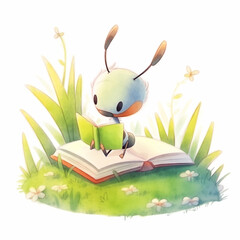 Hand Drawn Cute Ant Reading Books in Anime Style. Kawaii Style Illustration. Ant Cartoon Drawing on White Background.