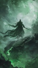 man cloak sword sky emerald color splash green smoke painted arcane wanderer greed creating presence - obrazy, fototapety, plakaty