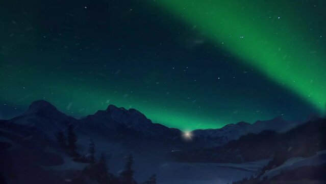 Peaceful winter landscape with Aurora Borealis in night skay snowing mountain