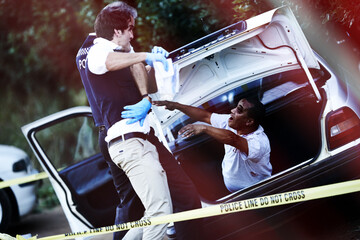 Policeman, car and zombie at crime scene, horror and monster or scary infected person in trunk of...