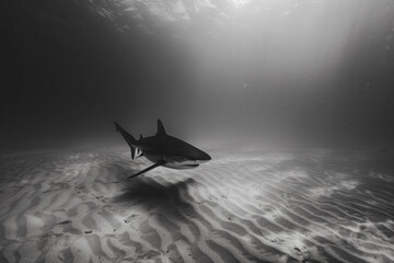 a shark swimming in the ocean with sand