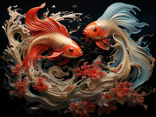 A duel of elegance: Fighting fish encircled by intricate designs, mimicking the grace of ballet dancers in an ornate theatre. 