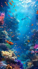 Fototapeta na wymiar different fish swimming ocean together entertainment promotional vegetation enhanced color depth blur standing under sea concept world colors