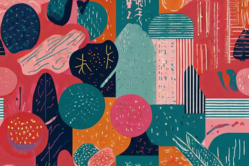 Creative Risograph aesthetic pattern. Grainy color fades, exaggerated figures, layered subjects. Flat design.