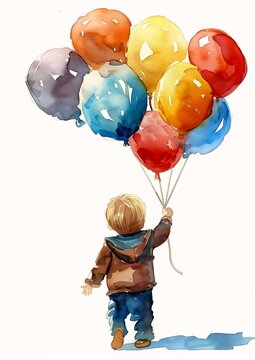 boy holding balloons hand illustration portrait childlike fly color small stature cotter sticker young