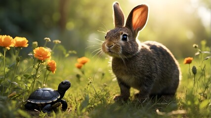 As the sun shone down on the meadow, Kiki the little rabbit bounded through the field, his eyes sparkling with joy. Suddenly, he spotted Kuro the turtle, who was ambling along at his own pace, taking  - obrazy, fototapety, plakaty