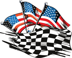 Vector illustration of a racing emblem featuring American and checkered flags on a white backdrop.