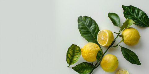 Branch of juicy lemons with leaves isolated on white background 