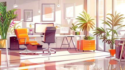 Modern Office room desk interior design illustration