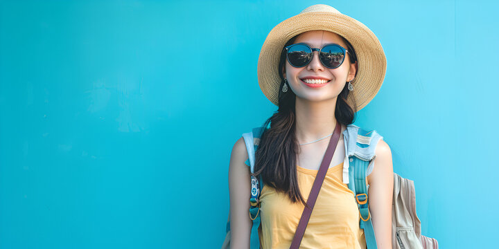 Close up view of asian happy young tourist woman wearing beach hat, sunglasses and backpacks going to travel on holidays on blue background