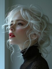 blond woman white hair red lips looking out window curly blonde alluring pale princess skin swirling fluid smokey enigma bust neck softly lit femme stunning ski