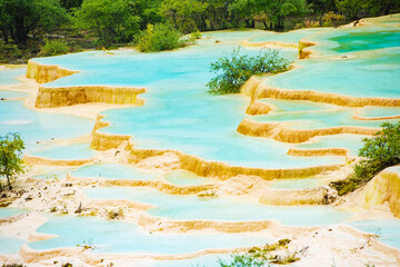 The beautiful scenery of Huanglong Yaochi in rainy season in Sichuan, China