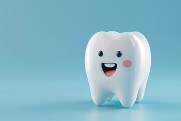 3D illustration of a healthy white tooth character on plain blue background