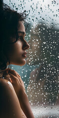 Mulher olhando pela janela em um dia chuvoso