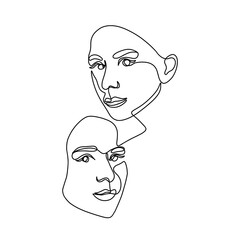 Woman Two Face Portrait Continuous One Line Drawing. Two Female Portrait Beautifull Outline Drawing Line Art. Female Line Abstract Portrait