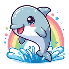 Naklejka premium vector cute cartoon dolphin jumping out