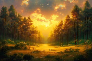 Naklejka na ściany i meble Fantastic Epic Magical Forest Landscape. Summer beautiful mystic nature. Gaming assets. Celtic Medieval RPG background. Grass and green trees. Green foliage. Grassy meadow 