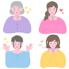 Cute hand-drawn illustration set of smiling and happy women of various ages / いろいろな年代の笑顔で喜ぶ女性、かわいい手描きのイラストセット