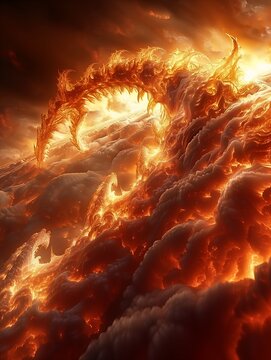 flames rising clouds sky cataclysmic angered sun dragon visually stunning fractal world angels demons princess cloud