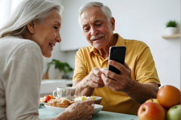 senior couple wine together,woman man senior couple home mobile phone phone retirement communication breakfast wife husband elderly together texting smartphone using modern message two internet online