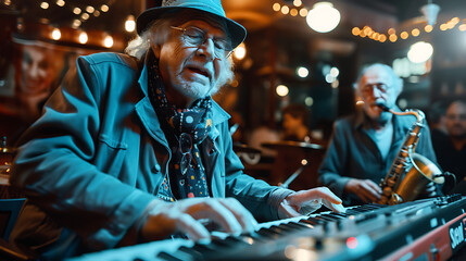 Elderly Music Band Performing with Keyboard, Drum, and Saxophone, Senior Musicians Playing Jazz, Live Concert Performance, Generative AI

 - obrazy, fototapety, plakaty