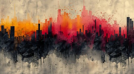 city skyline red yellow sky fluid colored smoke color abstract representing data flowing rhythms irons world only concrete thick layers sound waves