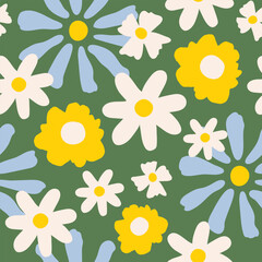 Seamless pattern with white, yellow and blue groovy daisy flowers on a green background. Pastel colors. Vector illustration.