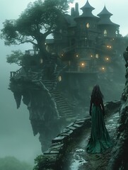 woman green dress walking path towards castle entertainment house standing cliffside galleon lighting singularities architecture misty night elvish
