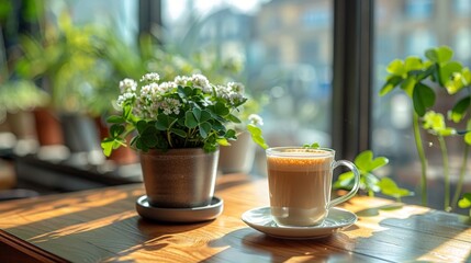 a cafe latte on a wooden table next to a pottet plant