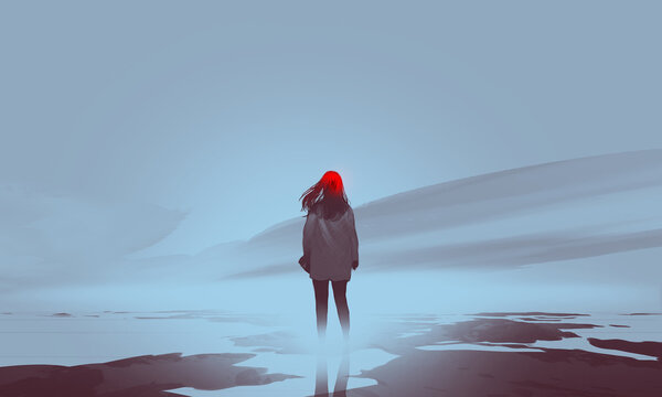 Digital illustration painting design style a red blonde hair girl standing in lake at morning sun.