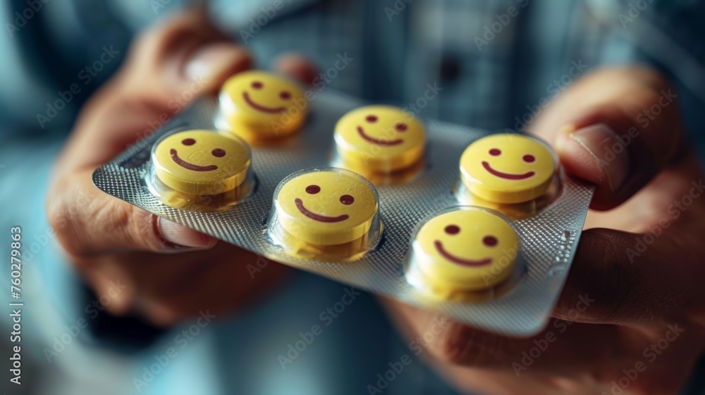 Wall mural close up of a man hand holding a yellow smiley face circle pills, healthcare concept