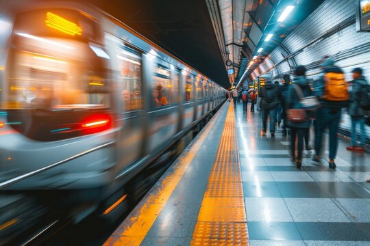 Blurred motion of busy commuters on train station during rush hours, Busy subway station