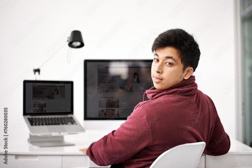 Poster Business man, portrait and computer screen for web development, programming and information technology. Young programmer, worker or online designer on laptop or multimedia for startup project at desk