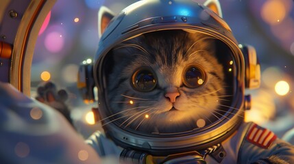 3D rendered cat in astronaut gear floating in a space capsule