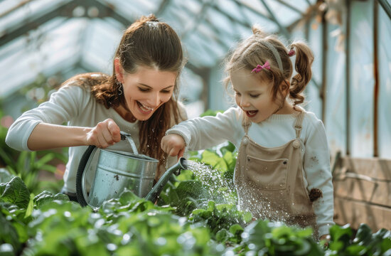 Cute girl and her mother watering plants in the greenhouse with a hose, water spray on lettuce leaves - Powered by Adobe