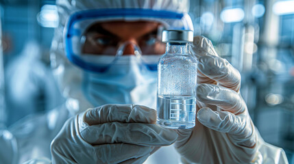 Man in protective lab suit holding a vaccine ampule in a laboratory, close-up photo, blurry background, healthcare concept. Generative AI - obrazy, fototapety, plakaty