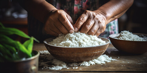 Hand preparing fresh raw rice in homemade kitchen on wood table in a bowl - obrazy, fototapety, plakaty