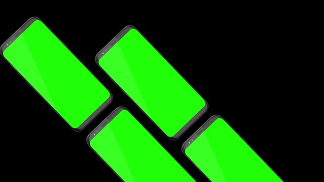 Multiple Smartphones Mockup Series with blank green screen, isolated on Black background. HD animation for app Prentation and commercials