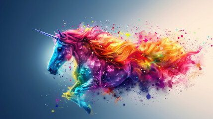 Colorful painting art depicting a closeup unicorn illustration in rainbow colors. - obrazy, fototapety, plakaty