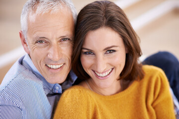 Couple, age difference and smile in portrait, love with unique relationship and support for trust...