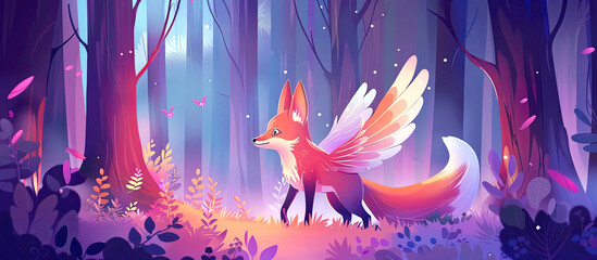 Fototapeta premium Illustration of baby fox with wings in the magic forest. Bibi from Asian Mythology.
